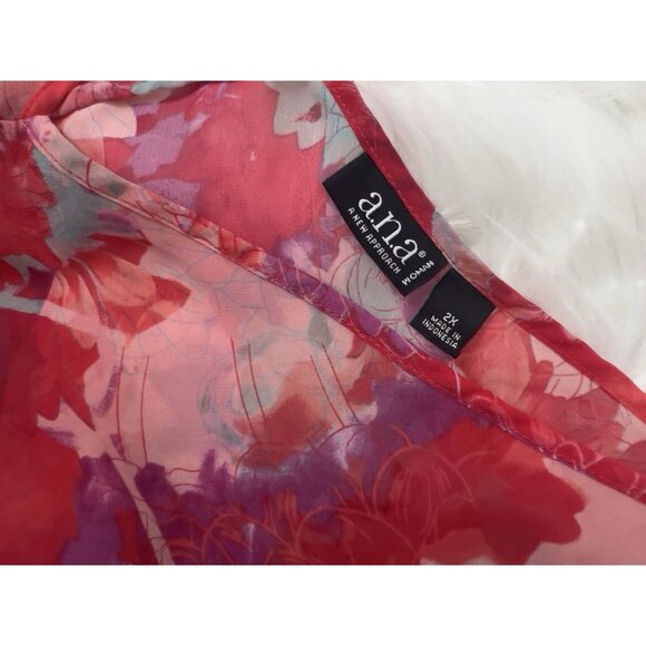 a.n.a Women Plus Size 2X Red Floral Flutter Chiffon Waist Tie V- Neck Blouse Top - Picture 4 of 11